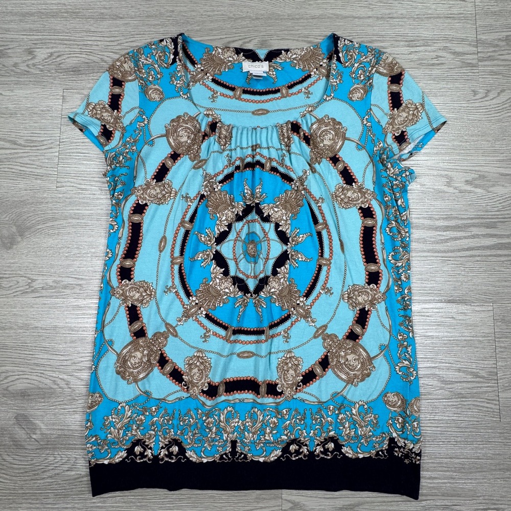 Chico's Women's Top Medallion Baroque Print Blue Size 0 Small‎ Short Sleeve